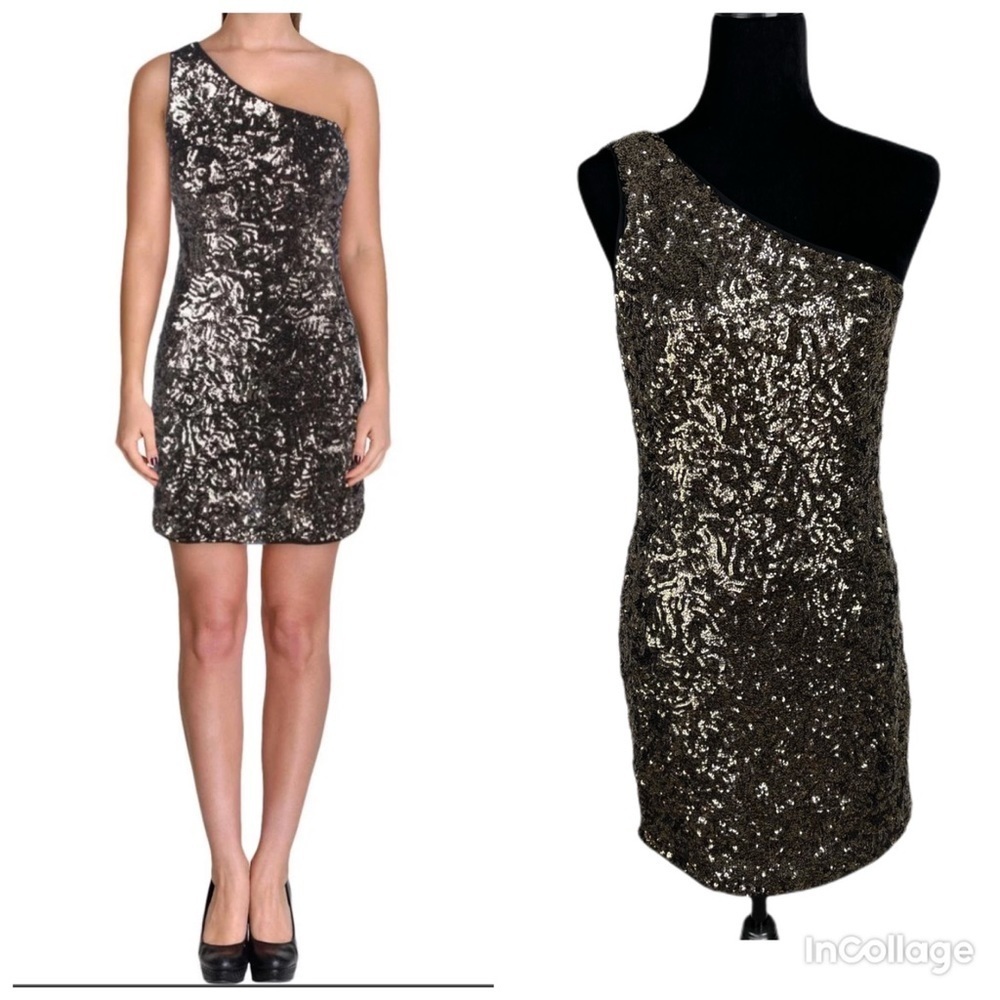✅ NWT AQUA SEQUINED Gold Tone ONE-SHOULDER COCKTAIL AND PARTY Mini DRESS S